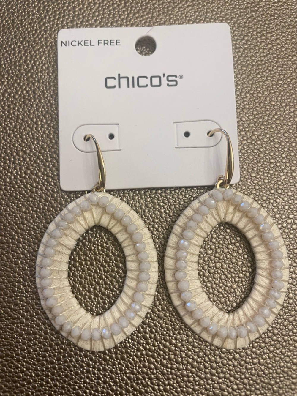 Chico's Cream Beaded Oval Hoop Earrings